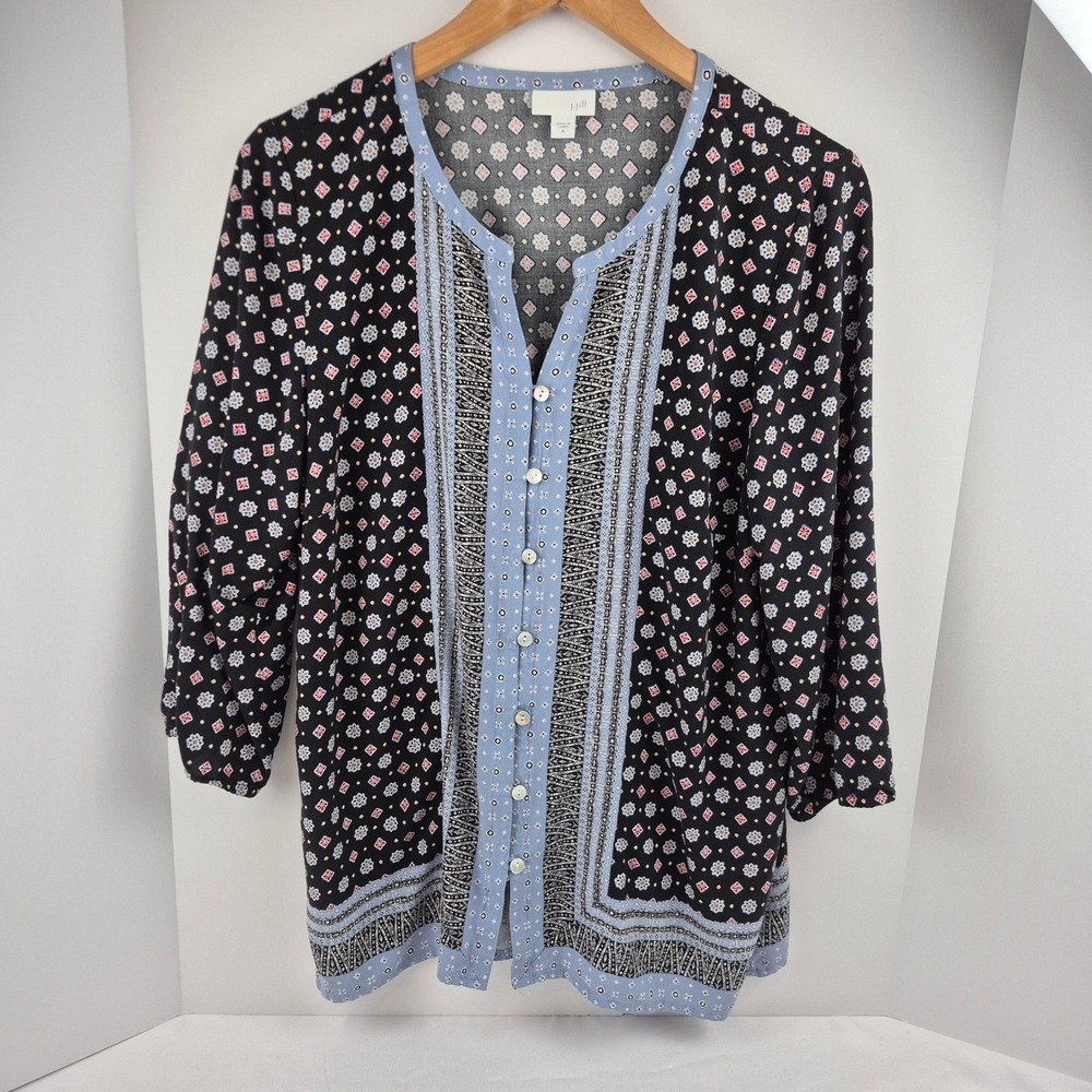 J. Jill 3/4 Sleeve Button Front Top Women's M Black Blue Floral Lightweight Boho